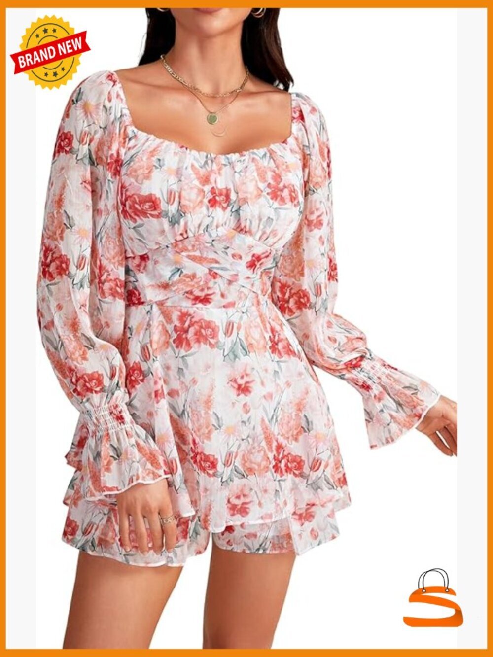 Long Sleeve Off Shoulder Romper with Ruffle Hem, Polyester, Size Small